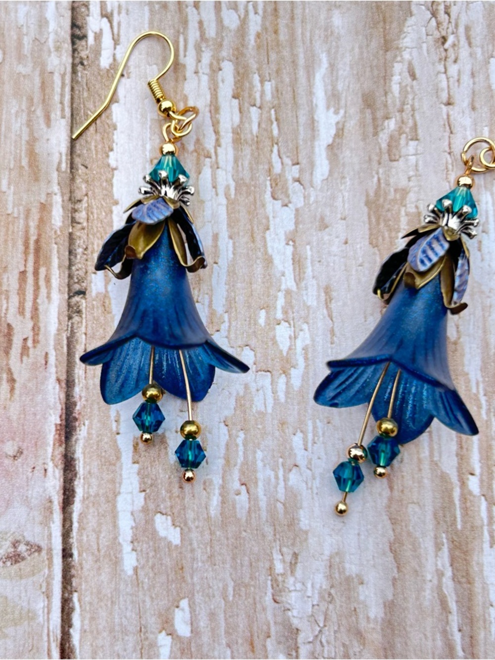 Handcrafted Blue Floral Drop Earrings - Gold Accent